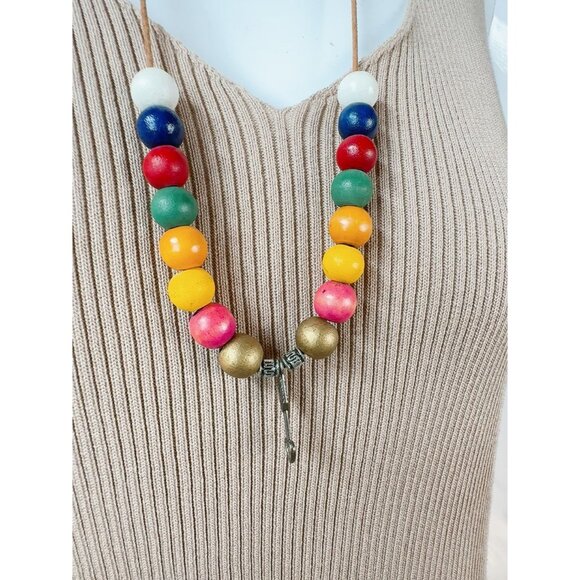 Colorful Wooden Bead Necklace With Brass Accents & Arrow Pendant On Leather Cord - Picture 1 of 16